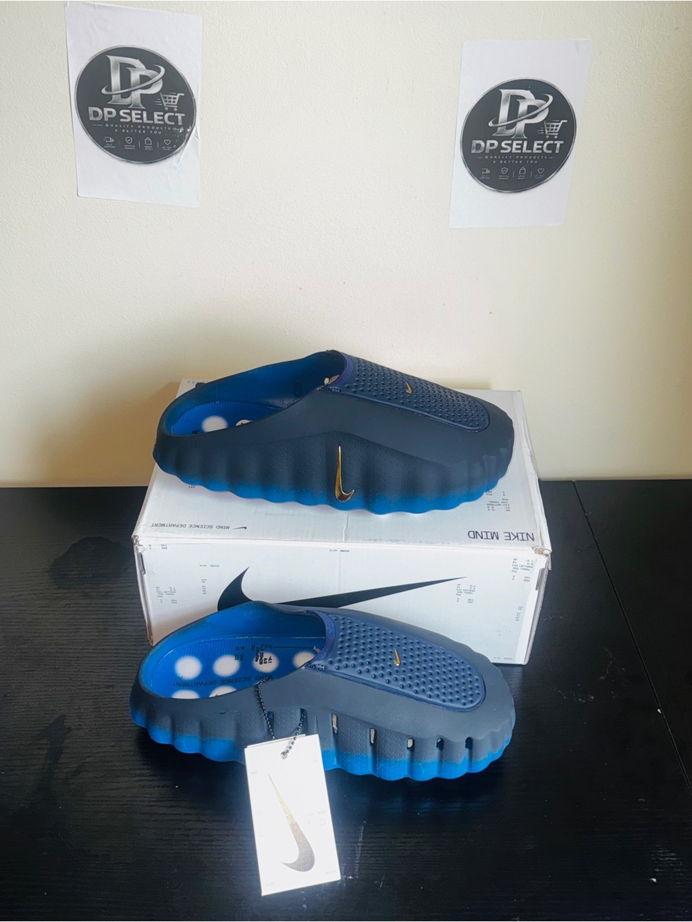 Nike Men’s Slip-On Sandals — Navy and Blue with Gold Swoosh